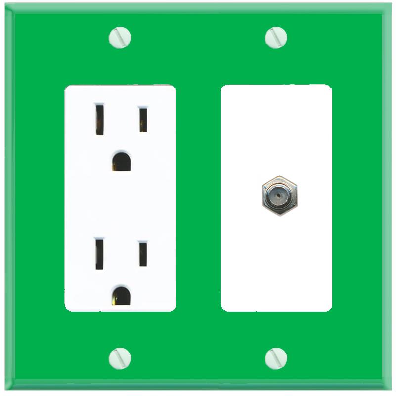 RiteAV COAX Wall Plate with Power Outlet [Green-White]