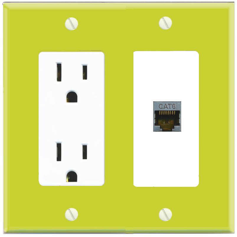 RiteAV CAT6-SHIELDED Wall Plate with Power Outlet [Pea Green-White]