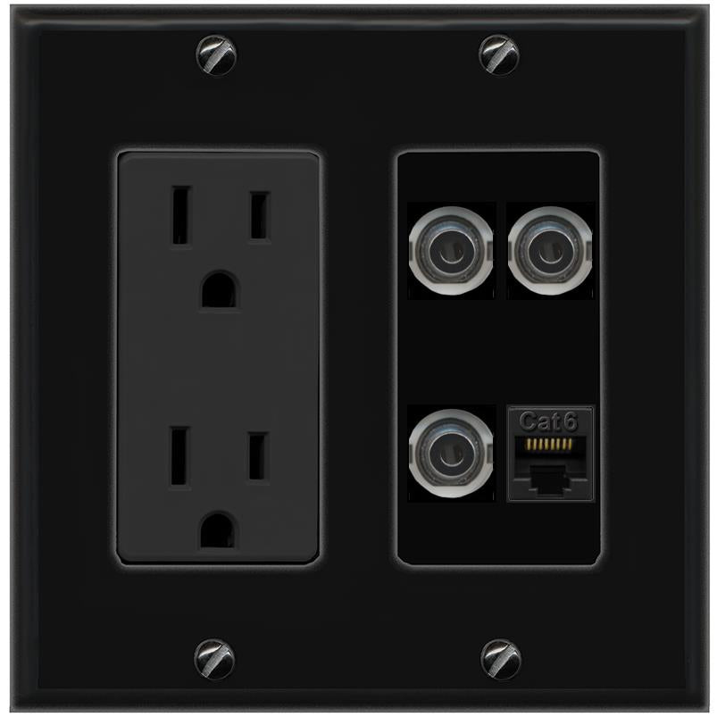 RiteAV 3 3.5mm CAT6 Wall Plate with 15A Power Outlet [Black]