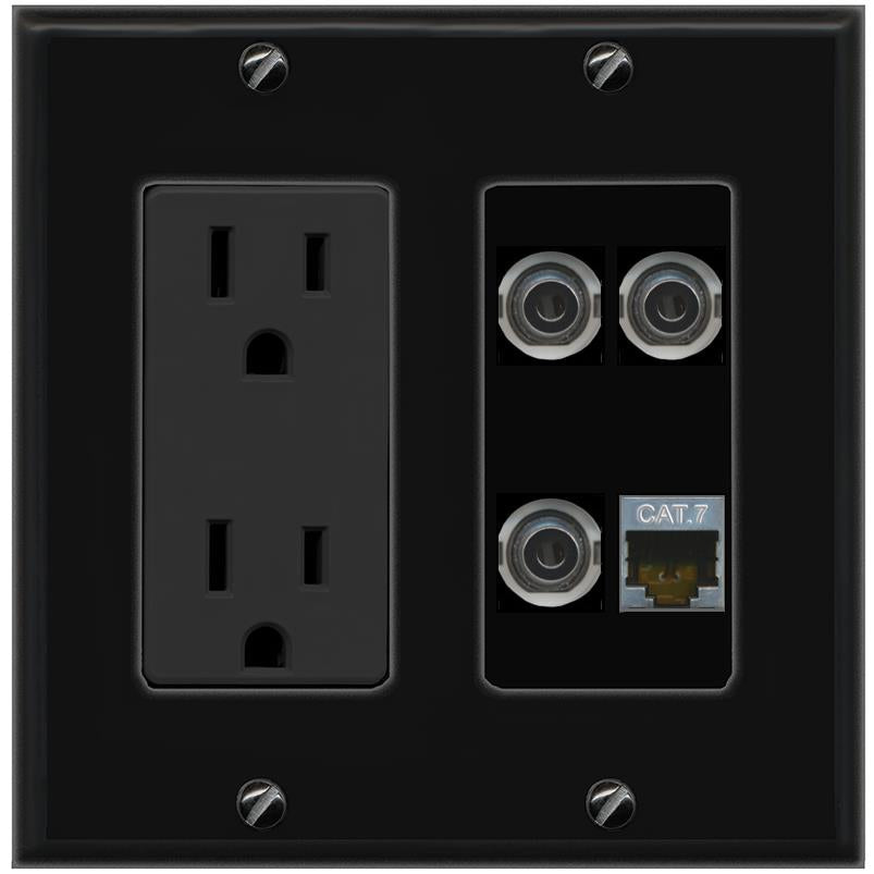 RiteAV 3 3.5mm CAT7 Wall Plate with 15A Power Outlet [Black]