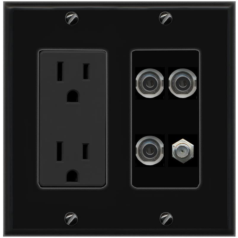 RiteAV 3 3.5mm COAX Wall Plate with 15A Power Outlet [Black]