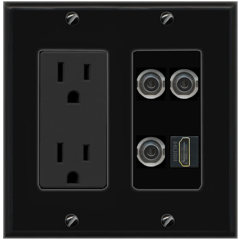 RiteAV 3 3.5mm HDMI Wall Plate with 15A Power Outlet [Black]