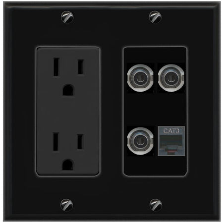 RiteAV 3 3.5mm PHONE Wall Plate with 15A Power Outlet [Black]