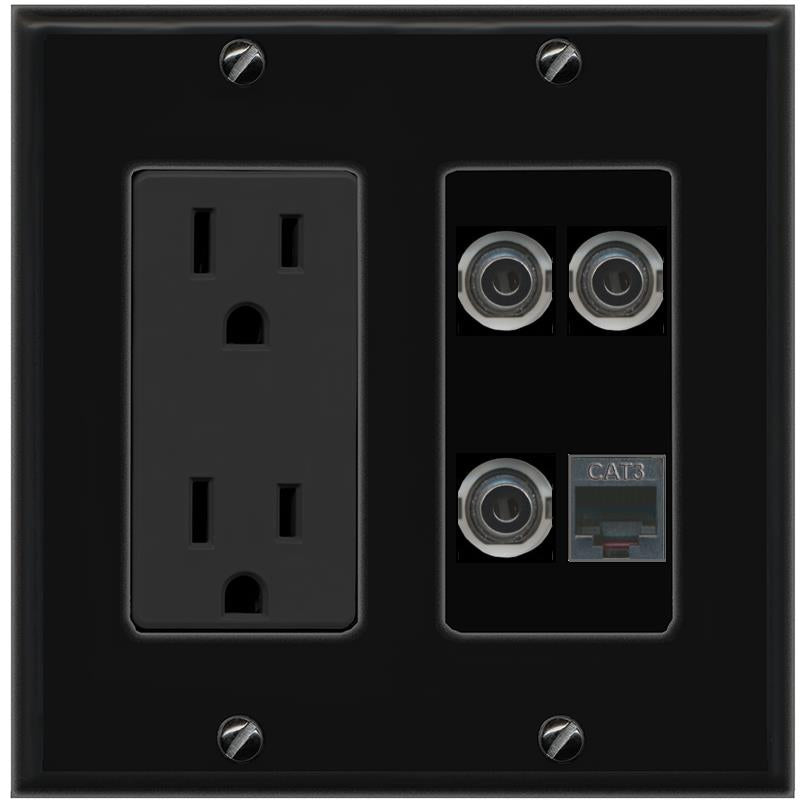 RiteAV 3 3.5mm PHONE Wall Plate with 15A Power Outlet [Black]