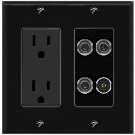 RiteAV 3 3.5mm TOSLINK Wall Plate with 15A Power Outlet [Black]
