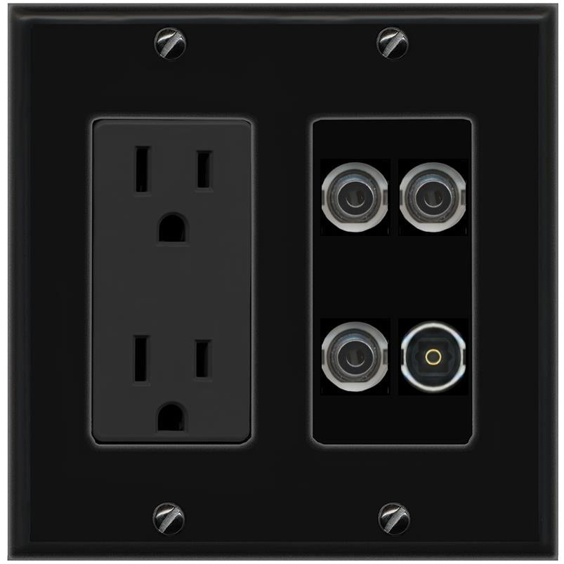RiteAV 3 3.5mm TOSLINK Wall Plate with 15A Power Outlet [Black]