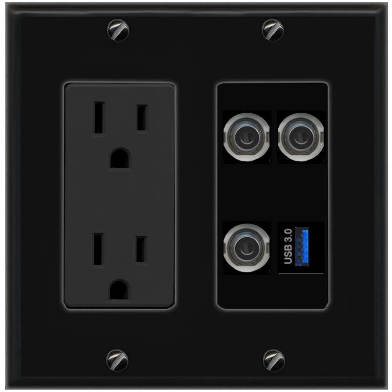 RiteAV 3 3.5mm USB-3 Wall Plate with 15A Power Outlet [Black]
