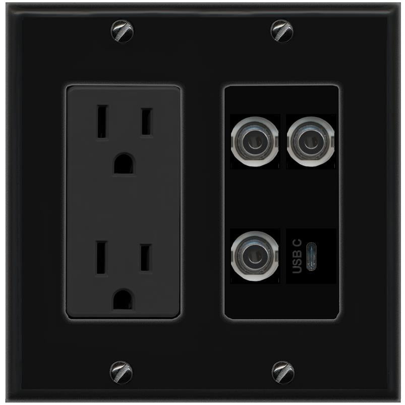 RiteAV 3 3.5mm USBC Wall Plate with 15A Power Outlet [Black]
