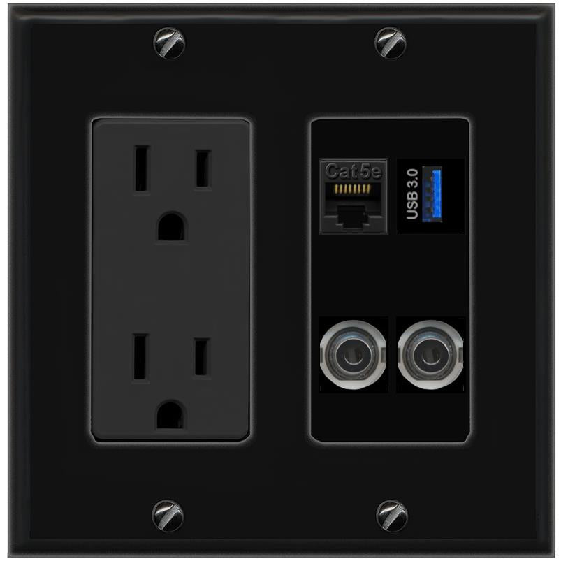 2 3.5mm CAT5E USB-3 Wall Plate [Black]