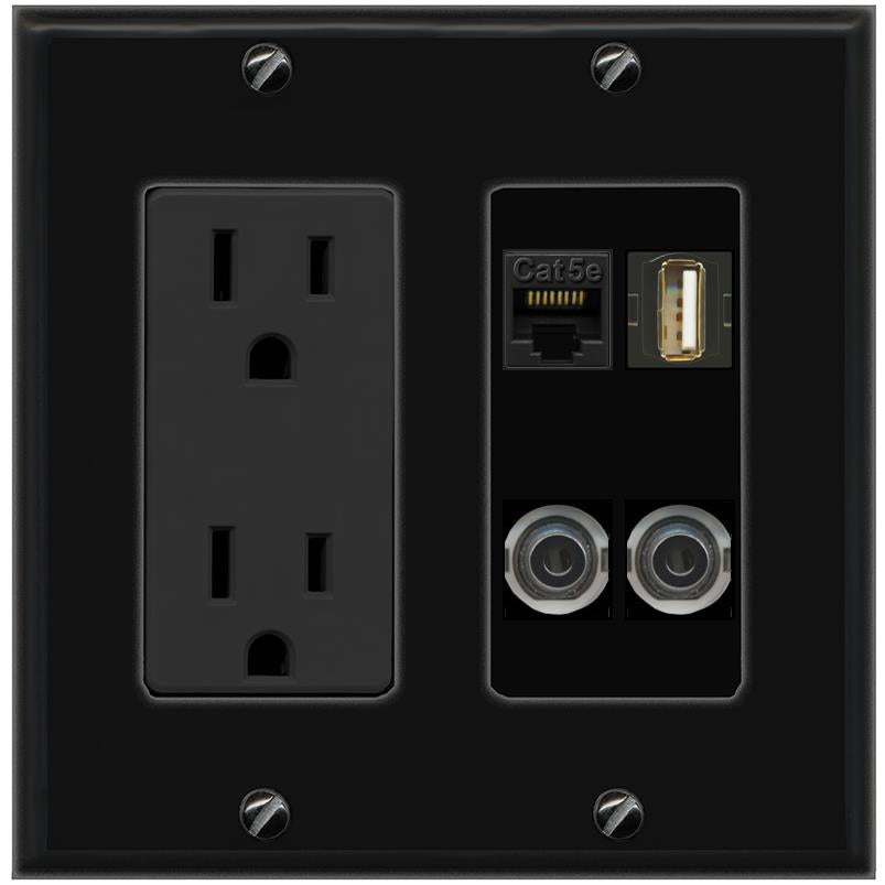 2 3.5mm CAT5E USB2 Wall Plate [Black]