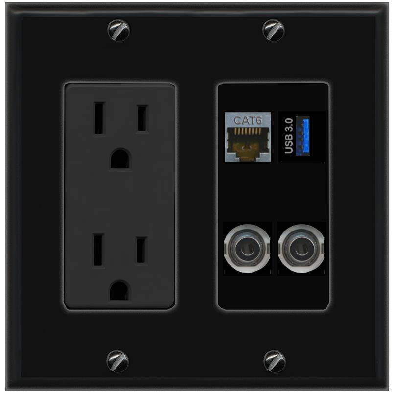 2 3.5mm CAT6-SHIELDED USB-3 Wall Plate [Black]