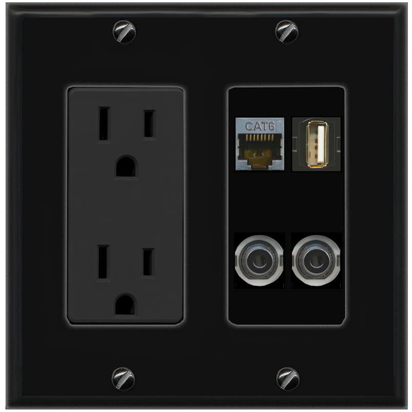 2 3.5mm CAT6-SHIELDED USB2 Wall Plate [Black]
