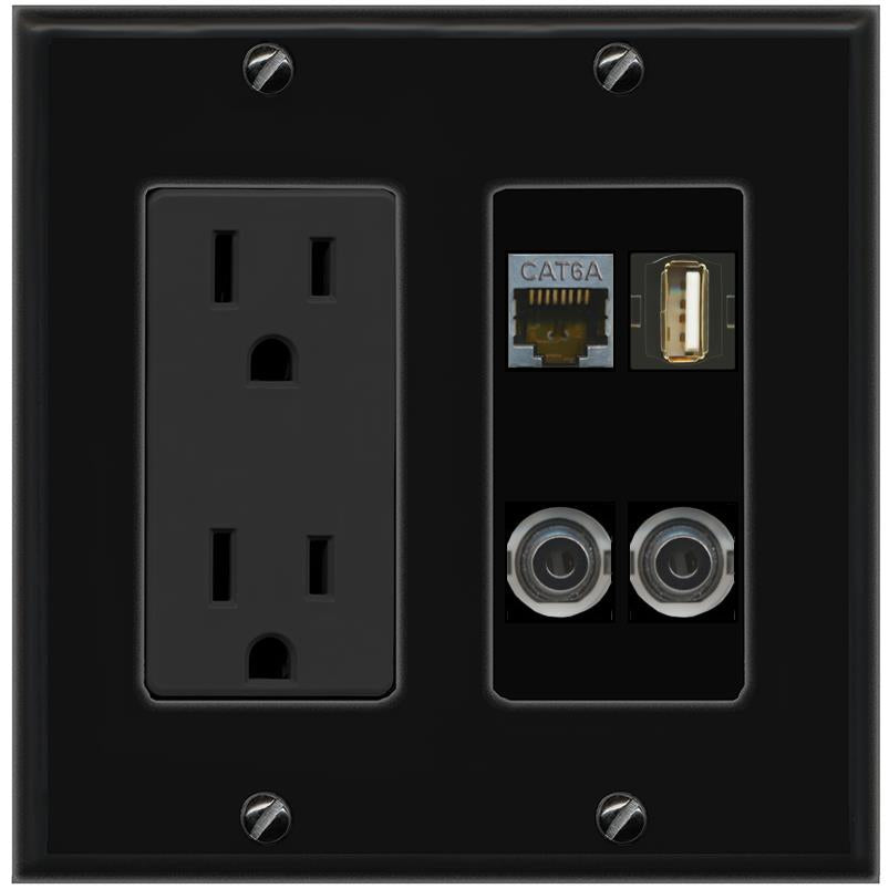 2 3.5mm CAT6A USB2 Wall Plate [Black]