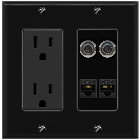 RiteAV 2 3.5mm 2 CAT6 Wall Plate with 15A Power Outlet [Black]