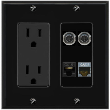 RiteAV 2 3.5mm CAT6 CAT7 Wall Plate with 15A Power Outlet [Black]
