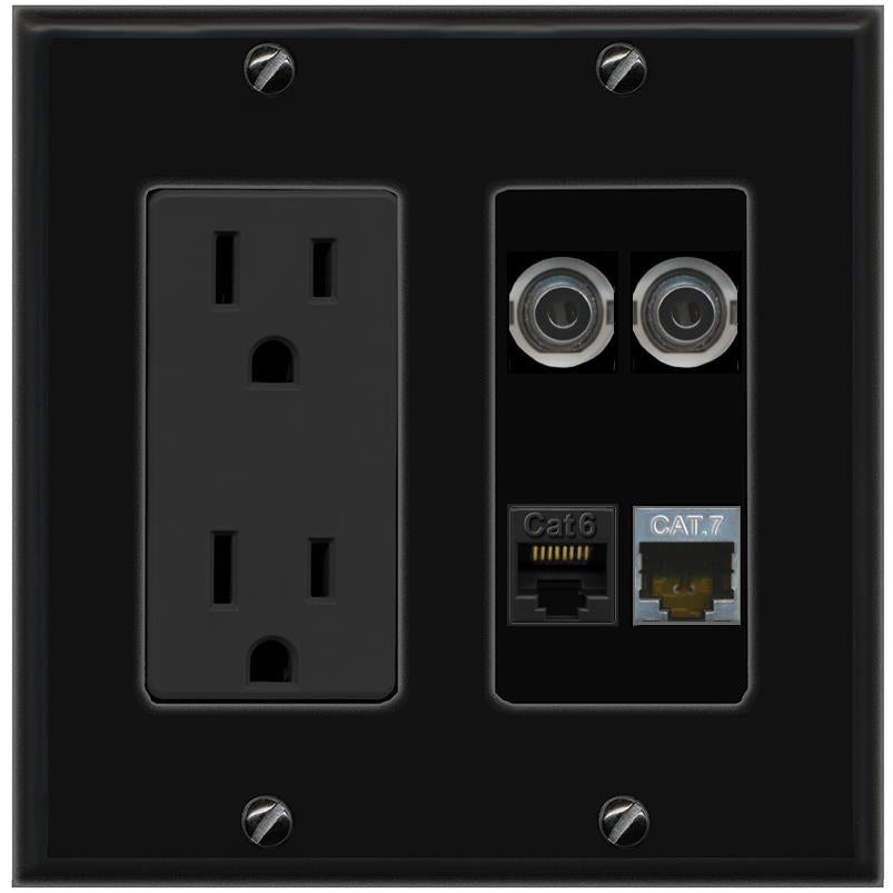 RiteAV 2 3.5mm CAT6 CAT7 Wall Plate with 15A Power Outlet [Black]
