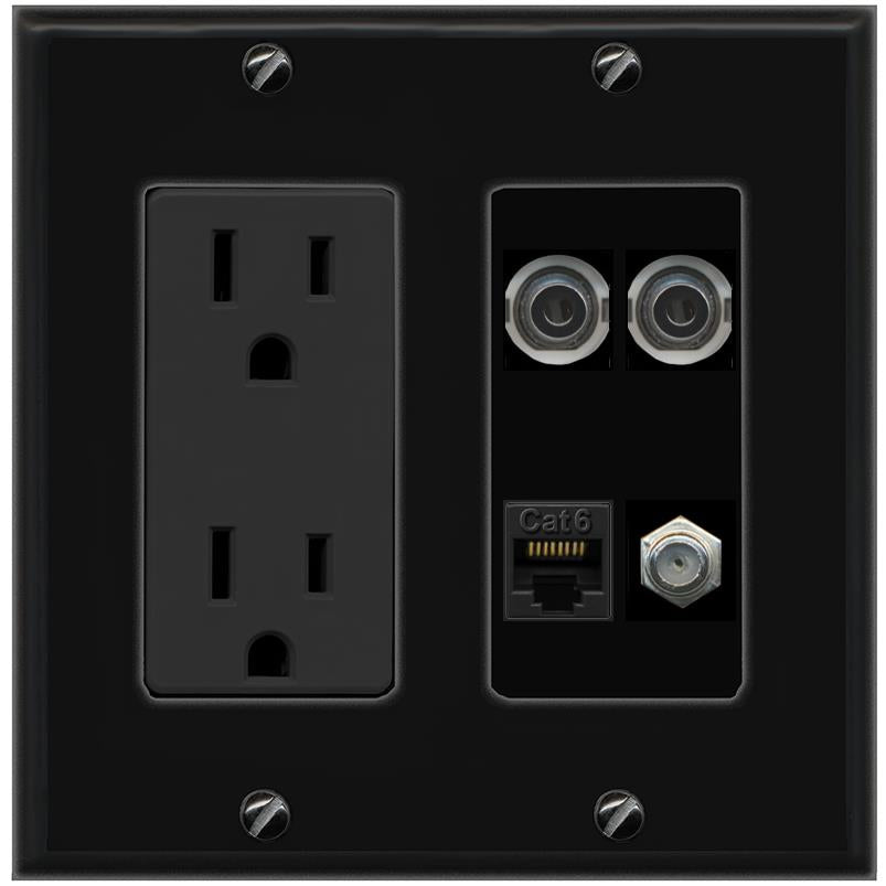 RiteAV 2 3.5mm CAT6 COAX Wall Plate with 15A Power Outlet [Black]