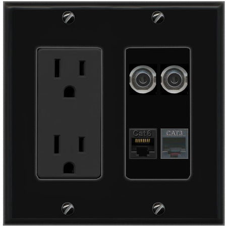 RiteAV 2 3.5mm CAT6 PHONE Wall Plate with 15A Power Outlet [Black]