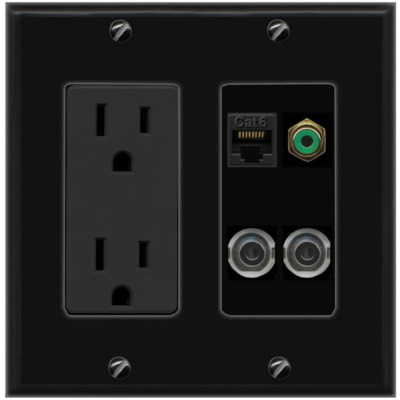 2 3.5mm CAT6 RCA-GREEN Wall Plate [Black]