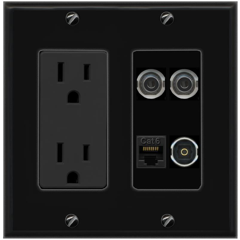 RiteAV 2 3.5mm CAT6 TOSLINK Wall Plate with 15A Power Outlet [Black]
