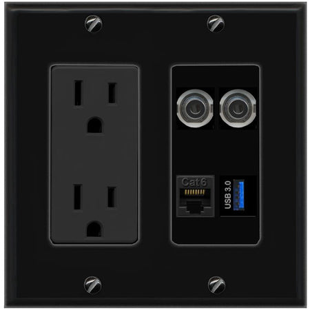 RiteAV 2 3.5mm CAT6 USB-3 Wall Plate with 15A Power Outlet [Black]