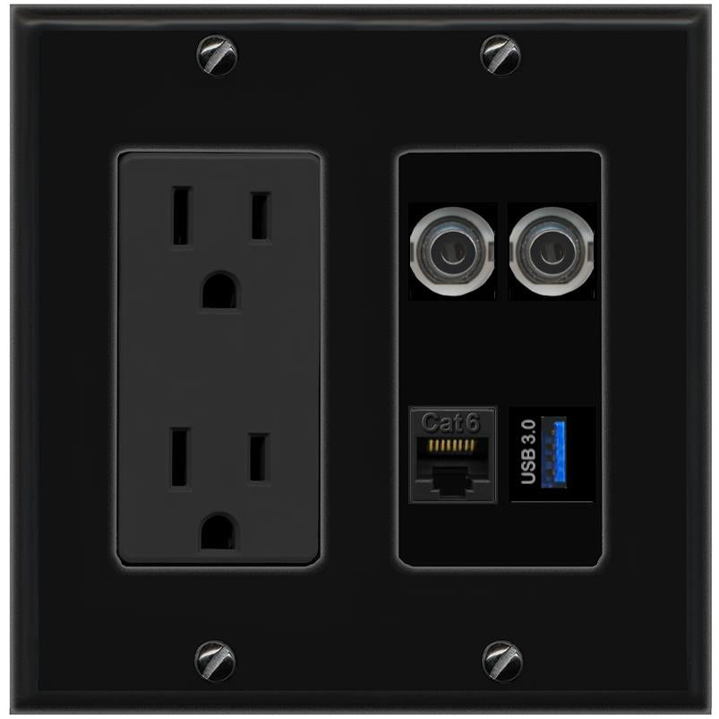 RiteAV 2 3.5mm CAT6 USB-3 Wall Plate with 15A Power Outlet [Black]