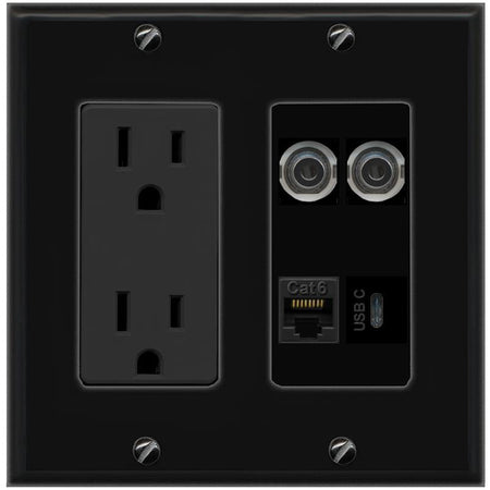 RiteAV 2 3.5mm CAT6 USBC Wall Plate with 15A Power Outlet [Black]