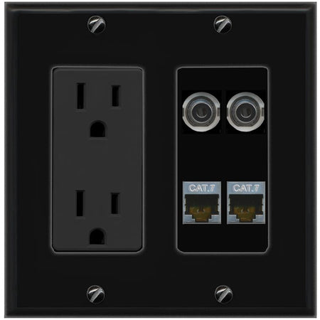 RiteAV 2 3.5mm 2 CAT7 Wall Plate with 15A Power Outlet [Black]