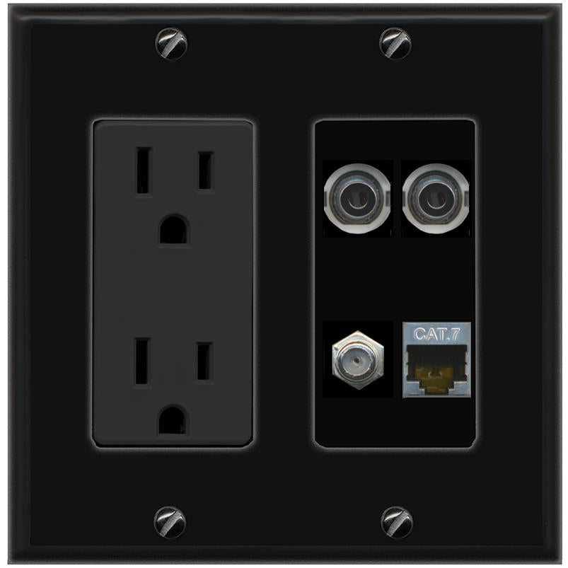 RiteAV 2 3.5mm CAT7 COAX Wall Plate with 15A Power Outlet [Black]