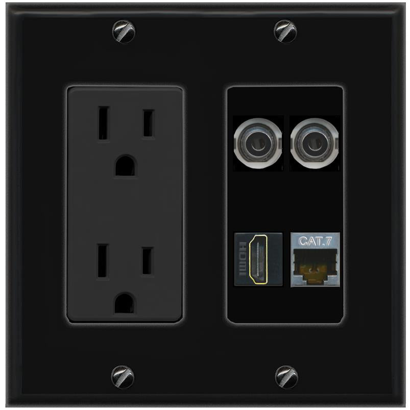 RiteAV 2 3.5mm CAT7 HDMI Wall Plate with 15A Power Outlet [Black]