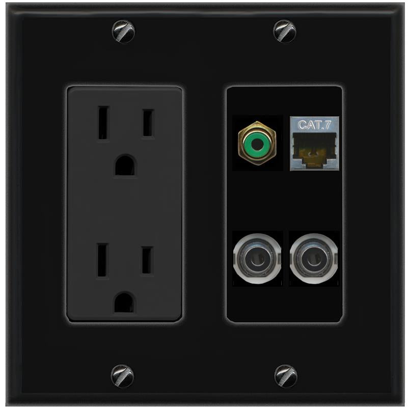 2 3.5mm CAT7 RCA-GREEN Wall Plate [Black]