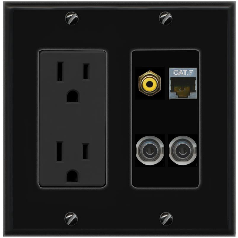 2 3.5mm CAT7 RCA-YELLOW Wall Plate [Black]