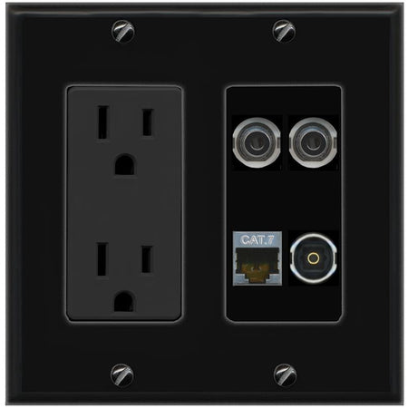 RiteAV 2 3.5mm CAT7 TOSLINK Wall Plate with 15A Power Outlet [Black]