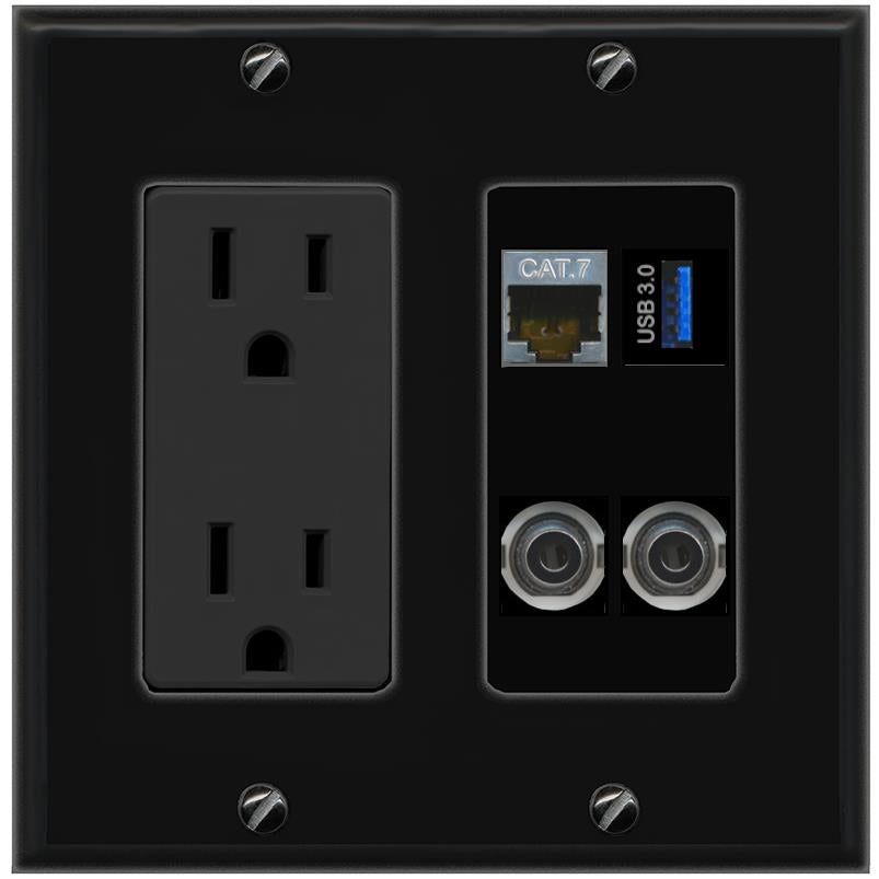 2 3.5mm CAT7 USB-3 Wall Plate [Black]