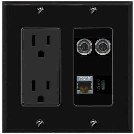 RiteAV 2 3.5mm CAT7 USBC Wall Plate with 15A Power Outlet [Black]