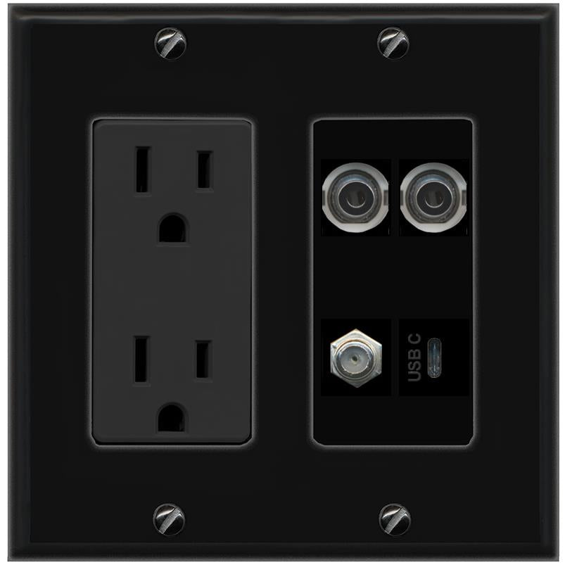RiteAV 2 3.5mm COAX USBC Wall Plate with 15A Power Outlet [Black]