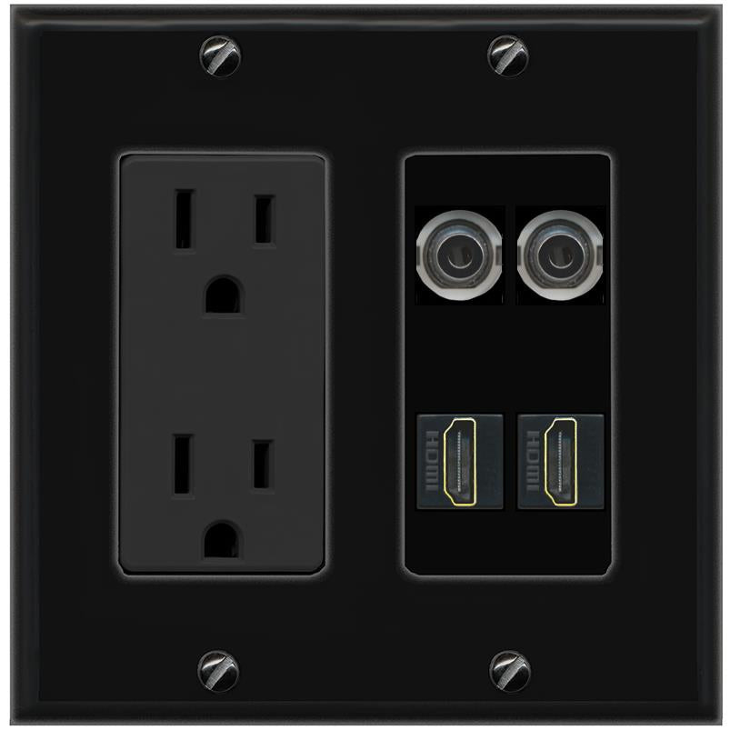 RiteAV 2 3.5mm 2 HDMI Wall Plate with 15A Power Outlet [Black]