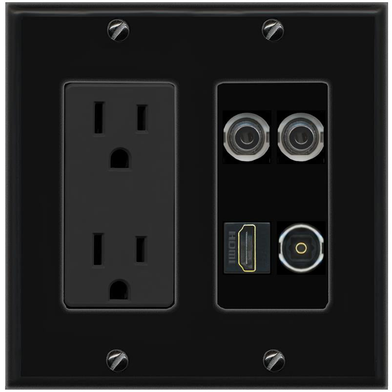 RiteAV 2 3.5mm HDMI TOSLINK Wall Plate with 15A Power Outlet [Black]