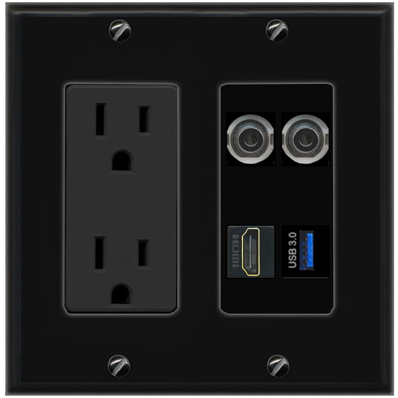 RiteAV 2 3.5mm HDMI USB-3 Wall Plate with 15A Power Outlet [Black]