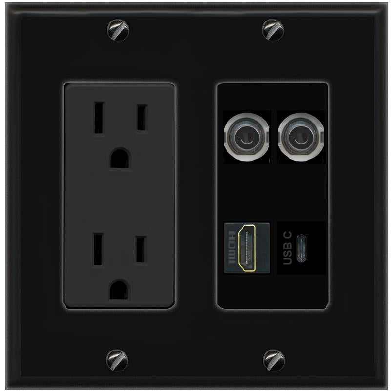 RiteAV 2 3.5mm HDMI USBC Wall Plate with 15A Power Outlet [Black]