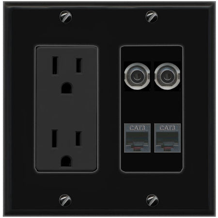 RiteAV 2 3.5mm 2 PHONE Wall Plate with 15A Power Outlet [Black]