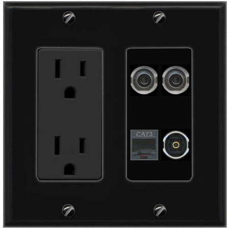 RiteAV 2 3.5mm PHONE TOSLINK Wall Plate with 15A Power Outlet [Black]