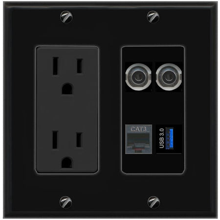 RiteAV 2 3.5mm PHONE USB-3 Wall Plate with 15A Power Outlet [Black]