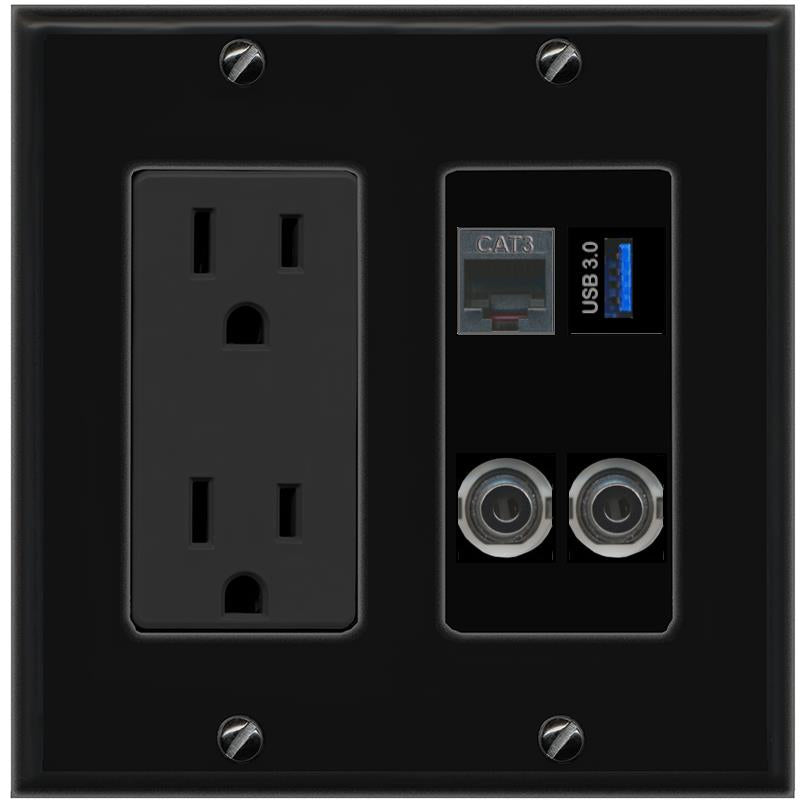2 3.5mm PHONE USB-3 Wall Plate [Black]