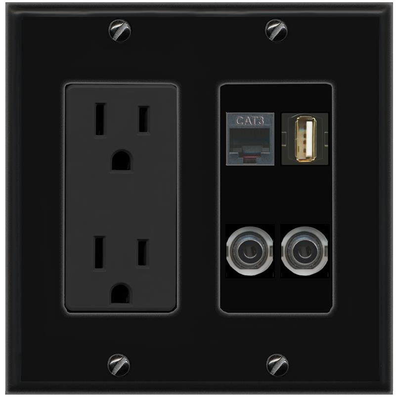 2 3.5mm PHONE USB2 Wall Plate [Black]