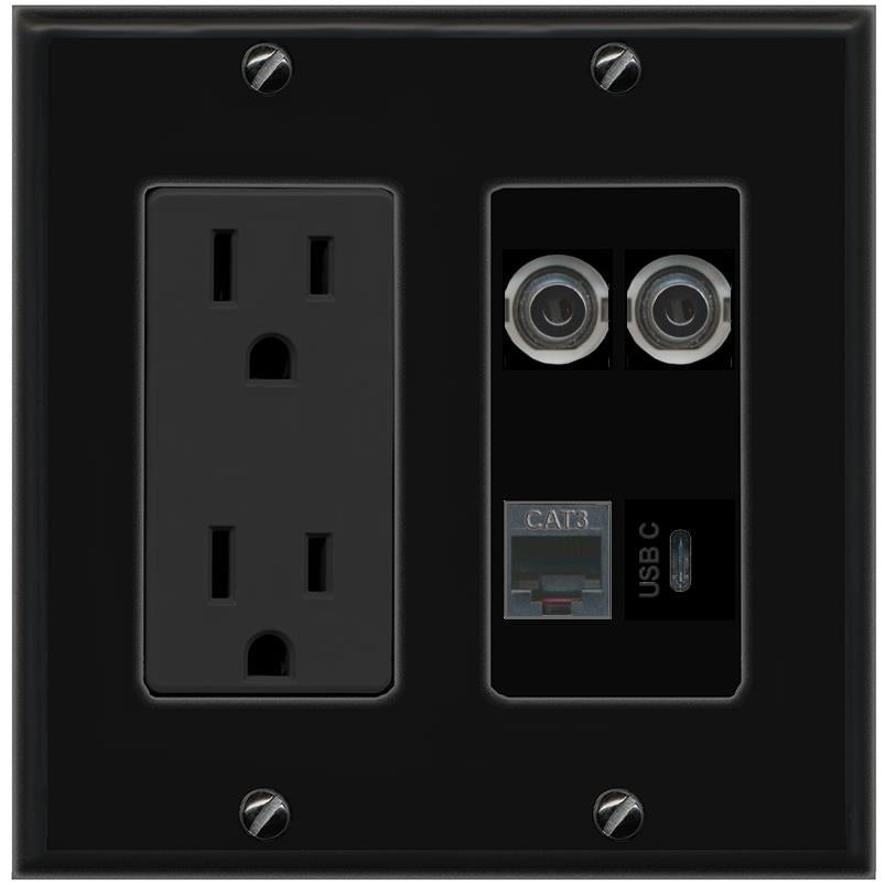 RiteAV 2 3.5mm PHONE USBC Wall Plate with 15A Power Outlet [Black]