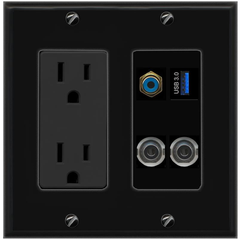 2 3.5mm RCA-BLUE USB-3 Wall Plate [Black]