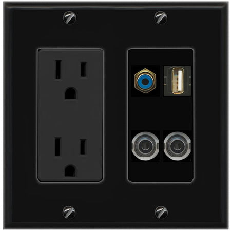 2 3.5mm RCA-BLUE USB2 Wall Plate [Black]