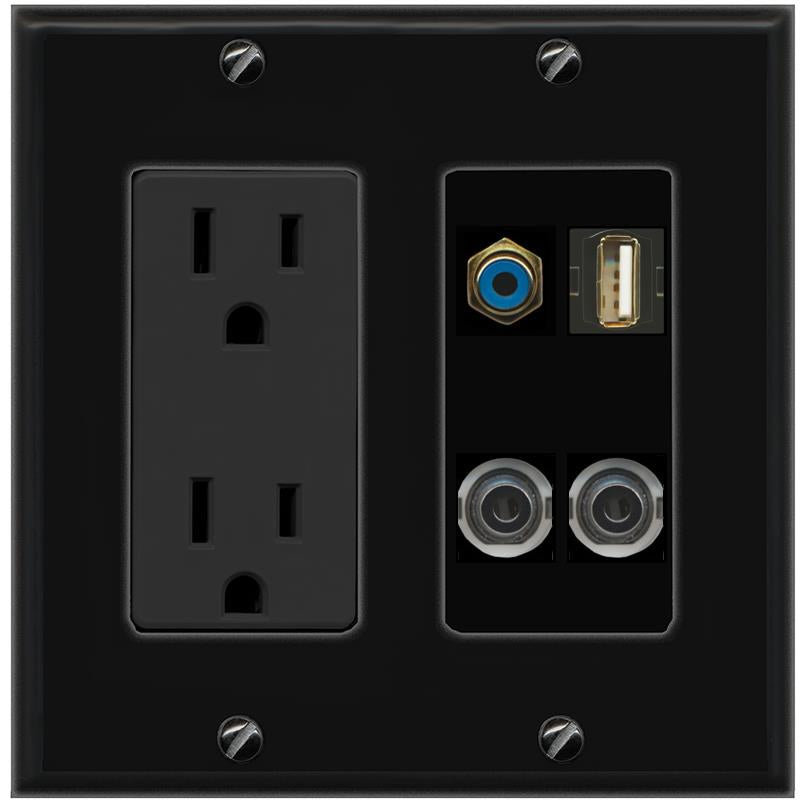 2 3.5mm RCA-BLUE USB2 Wall Plate [Black]