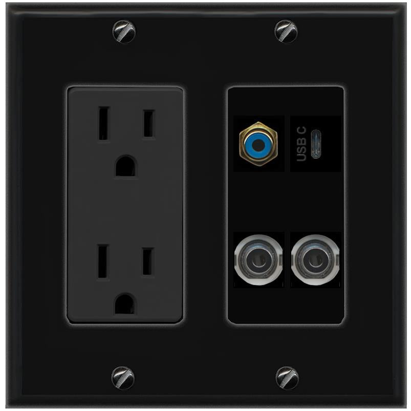 2 3.5mm RCA-BLUE USBC Wall Plate [Black]